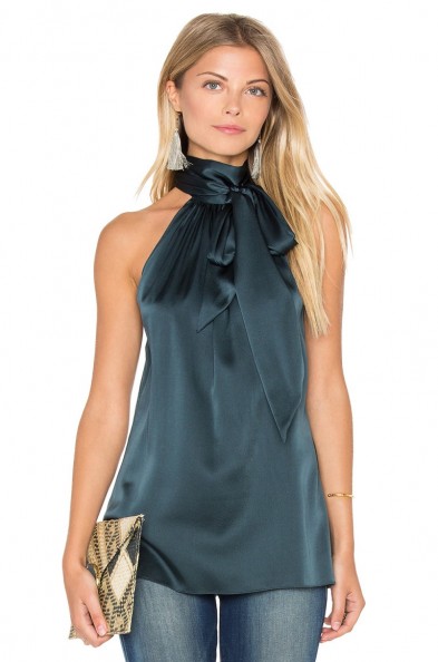 RAMY BROOK ~ PAIGE TIE NECK TANK in spruce. Chic dark green tops | sleeveless silky blouses | neck tie detail | silk blend fabric