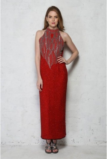 Vintage Red Beaded Maxi Dress – 70s long dresses – 1970s occasion wear – evening fashion - flipped