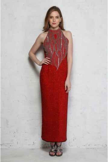 Vintage Red Beaded Maxi Dress – 70s long dresses – 1970s occasion wear – evening fashion