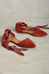 Matiko ~ Rey Ankle-Tie Flats in honey. Flat suede shoes | pointed toe | chic style | embroidered fabric ties