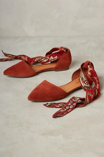 Matiko ~ Rey Ankle-Tie Flats in honey. Flat suede shoes | pointed toe | chic style | embroidered fabric ties - flipped