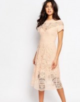 River Island Premium Lace Detail Midi Dress – light pink semi sheer dresses – short sleeved – feminine style fashion
