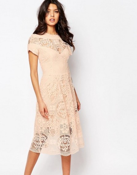 River Island Premium Lace Detail Midi Dress – light pink semi sheer dresses – short sleeved – feminine style fashion - flipped
