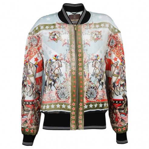 Roberto Cavalli Sound & Vision Bomber Jacket. Silk printed designer jackets | luxe casual fashion | luxury clothing