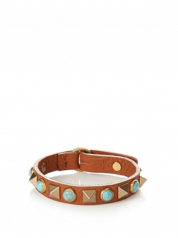 VALENTINO Rockstud Rolling leather bracelet tan-brown/turquoise stones. Designer bracelets | pyramid studs | casual luxe | fashion jewellery | stud | studded - flipped