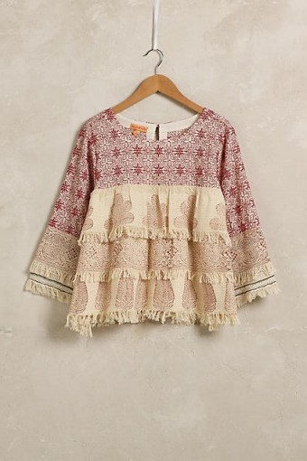 ANTHROPOLOGIE Ruffled Evelet Blouse ~ floral prints ~ leaf printed tops ~ fringed blouses - flipped
