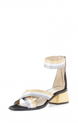 BCBG – RUNWAY TUPELO SANDAL ~ summer shoes ~ chic holiday sandals ~ low chunky heel ~ metallic leather ~ ankle strap - flipped