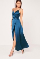 Missguided silky wrap over maxi dress blue – long going out dresses – evening chic – front thigh high slit – party glamour