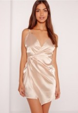 Missguided silky wrap strappy dress nude. Luxe style party dresses | asymmetric hem | plunge front | low cut going out fashion | luxury look evening wear