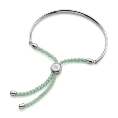 MONICA VINADER ~ FIJI FRIENDSHIP BRACELET MINT. Sterling silver bracelets | modern style jewellery | slim stacking | narrow bangles | green cord - flipped