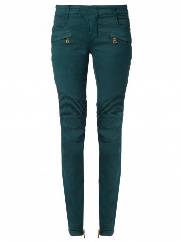 BALMAIN Skinny-fit biker jeans teal-green. Designer denim | moto | casual luxury fashion - flipped