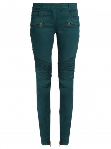 BALMAIN Skinny-fit biker jeans teal-green. Designer denim | moto | casual luxury fashion