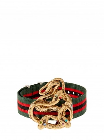 GABRIELE FRANTZEN Snake candy bracelet. Luxe fashion jewellery | designer bracelets | serpents | serpent jewelry | gold tone snakes | fabric strap | Swarovski crystals - flipped