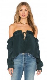 STONE COLD FOX x REVOLVE NATE BLOUSE emerald green – from Olivia Palermo’s Hampton’s must-have’s, July 2016. Off the shoulder tops | Olivia Palermo style | celebrity style fashion | boho chic