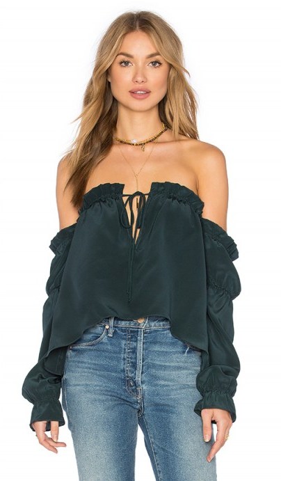STONE COLD FOX x REVOLVE NATE BLOUSE emerald green – from Olivia Palermo’s Hampton’s must-have’s, July 2016. Off the shoulder tops | Olivia Palermo style | celebrity style fashion | boho chic - flipped