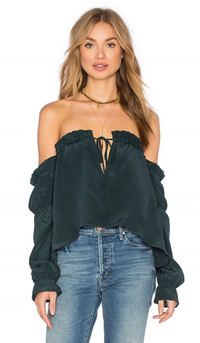 STONE COLD FOX x REVOLVE NATE BLOUSE emerald green – from Olivia Palermo’s Hampton’s must-have’s, July 2016. Off the shoulder tops | Olivia Palermo style | celebrity style fashion | boho chic