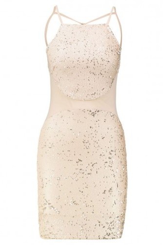 TFNC Salma Sequin Gold Dress – sequined party dresses – going out glamour – mini – mesh panel – shimmering evening wear – strappy back - flipped