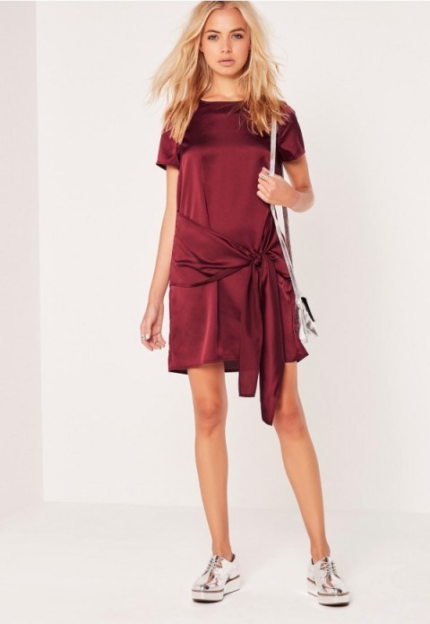 missguided tie front bottom shift dress burgundy – chic day dresses – casual fashion – summer style – silky fabric – affordable luxe – dress up or down – party wear – going out - flipped