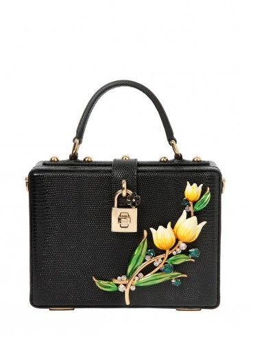 DOLCE & GABBANA TULIPS EMBOSSED LEATHER DOLCE BOX BAG ~ luxury black bags ~ beautiful Italian accessories ~ handbags from Italy ~ floral embellished - flipped