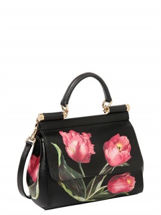 DOLCE & GABBANA SMALL SICILY TULIP PRINTED DAUPHINE BAG ~ black & pink floral bags ~ luxury top handle bags ~ luxe Italian accessories ~ chic handbags - flipped