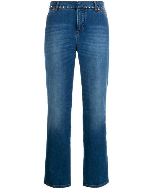 VALENTINO Studded Kick Flare Jeans. Blue denim | designer flares | flared leg | casual fashion | studs | pyramid stud embellished - flipped