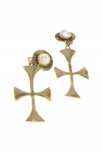 Vintage 1980s Moschino crucifix Earrings – 80s statement jewellery – large crosses – faux pearls – gold plated – designer accessories – fashion jewlery - flipped
