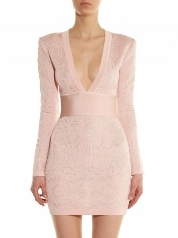 BALMAIN V-neck lace-knit dress light pink. Plunge front mini dresses | luxe occasion wear | luxury party fashion | designer clothing | plunging neckline | deep V necklines | long sleeved fitted bodycon - flipped