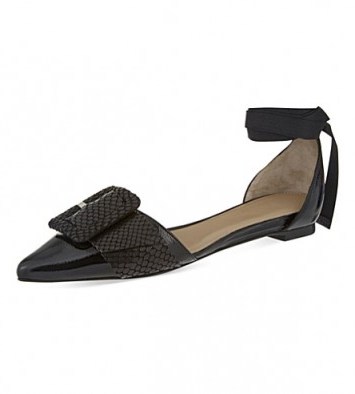 WHISTLES Avalon ankle tie flats in black. Chic flat shoes | ankle ties | pointed toe | pointy | patent leather - flipped