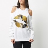 river island white lip print cold shoulder sweatshirt ~ casual tops ~ printed sweatshirts ~ lips