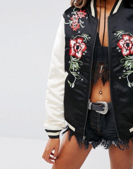 Young Bohemians Trophy Bomber Jacket With Floral Embroidery And Contrast Sleeves. Embroidered jackets | casual weekend fashion | on-trend outerwear - flipped