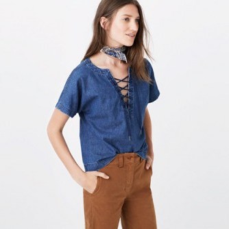 Madewell denim lace-up top in elaine wash. Casual fashion | blue tops - flipped