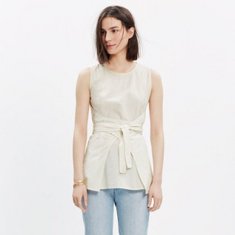 caron callahan™ sleeveless tie top in white. Front wrap tops | chic style fashion | belted