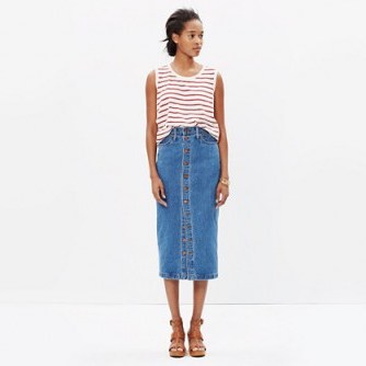 Madewell midi jean skirt. Denim pencil skirts | button front | casual fashion - flipped