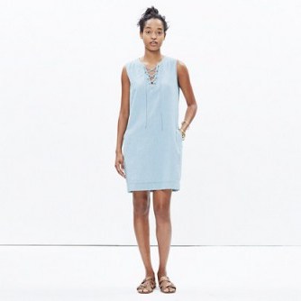 Madewell chambray lace-up shift dress. Light blue denim | casual dresses | sleeveless | weekend style fashion - flipped