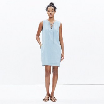 Madewell chambray lace-up shift dress. Light blue denim | casual dresses | sleeveless | weekend style fashion