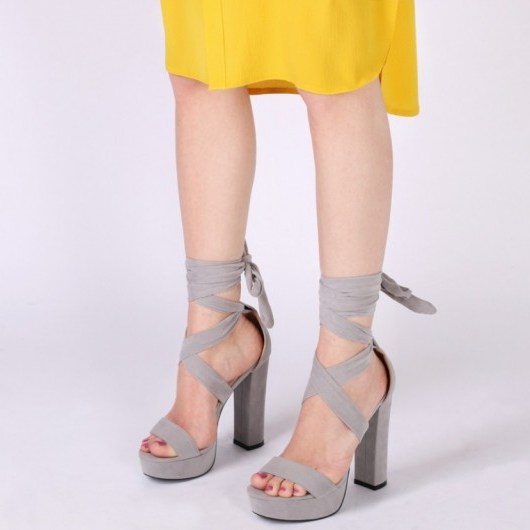 ADRINA LACE UP HEELS IN GREY FAUX SUEDE – ankle tie high heeled sandals – strappy shoes – platform – chunky heel platforms – affordable luxe – ties – wrap style - flipped