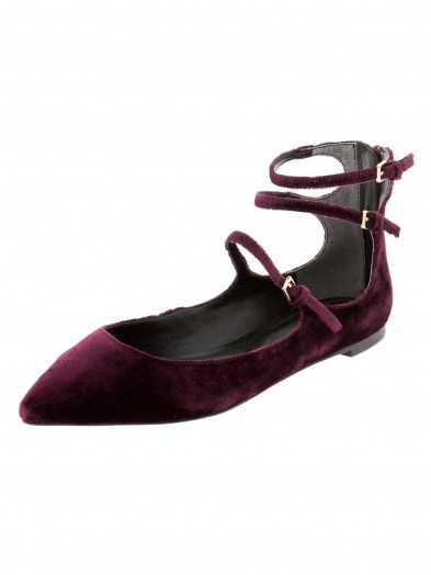 Banana Republic Aga Shoe burgundy. Flat velvet shoes | three strap flats | chic style footwear | ankle straps | pointed toe - flipped