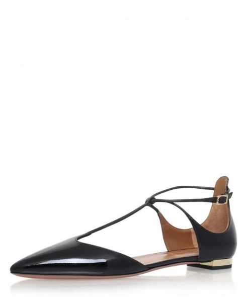 AQUAZZURA BLACK PATENT LEATHER SCARLET FLATS. Flat designer shoes | elegant footwear | pointed toe - flipped