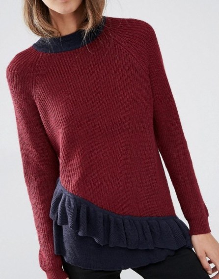 ASOS Jumper with Contrast Ruffle Detail. Red crew neck jumpers | fashionable knitwear | cute ruffled sweaters | knitted fashion | asymmetric style sweater - flipped