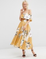 ASOS Premium Off The Shoulder Bardot Midi Prom Dress In Mustard Floral ~ bold flower prints ~ occasion fashion ~ feminine style ~ dark yellow