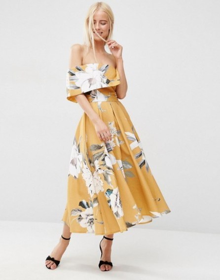 ASOS Premium Off The Shoulder Bardot Midi Prom Dress In Mustard Floral ~ bold flower prints ~ occasion fashion ~ feminine style ~ dark yellow - flipped