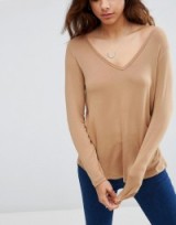 ASOS The New Forever T-Shirt With Long Sleeves and Dip Back caramel ~ V neck tees ~ long sleeve t-shirts ~ neutrals ~ neutral toned tops ~ weekend fashion