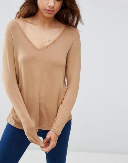 ASOS The New Forever T-Shirt With Long Sleeves and Dip Back caramel ~ V neck tees ~ long sleeve t-shirts ~ neutrals ~ neutral toned tops ~ weekend fashion - flipped