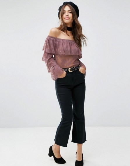 ASOS Top In Ruffle Lace With Off Shoulder – ruffled bardot tops – feminine style fashion – semi sheer – floral - flipped