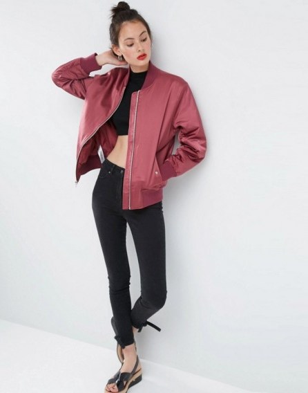 ASOS Ultimate Bomber Jacket in berry – casual satin jackets – silky outerwear – women’s fashion - flipped