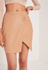 missguided asymmetric stitch detail faux leather mini skirt camel ~ asymmetrical hem ~ neutral wrap style skirts ~ neutrals