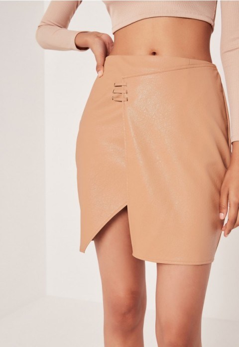missguided asymmetric stitch detail faux leather mini skirt camel ~ asymmetrical hem ~ neutral wrap style skirts ~ neutrals - flipped