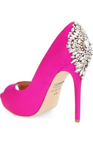 Badgley Mischka Kiara Crystal Back Open Toe Pump, pink satin shoes, party high heels, evening princess, glamorous accessories, jewel embellished, occasion glamour, peep toe courts