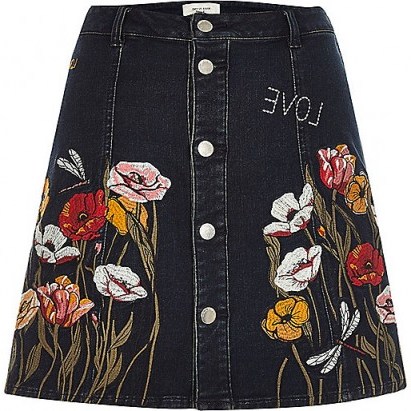 River Island Black floral embroidered A-line denim skirt. Pretty 70s style skirts | on-trend fashion | embroidery | flowers - flipped