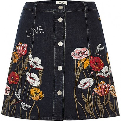 River Island Black floral embroidered A-line denim skirt. Pretty 70s style skirts | on-trend fashion | embroidery | flowers